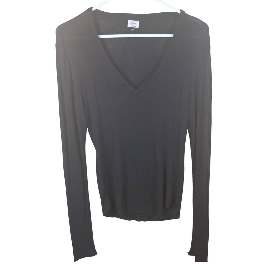 Wilfred Aritzia V-Neck Ribbed Long Sleeve Top Women M Black Minimalist Layering